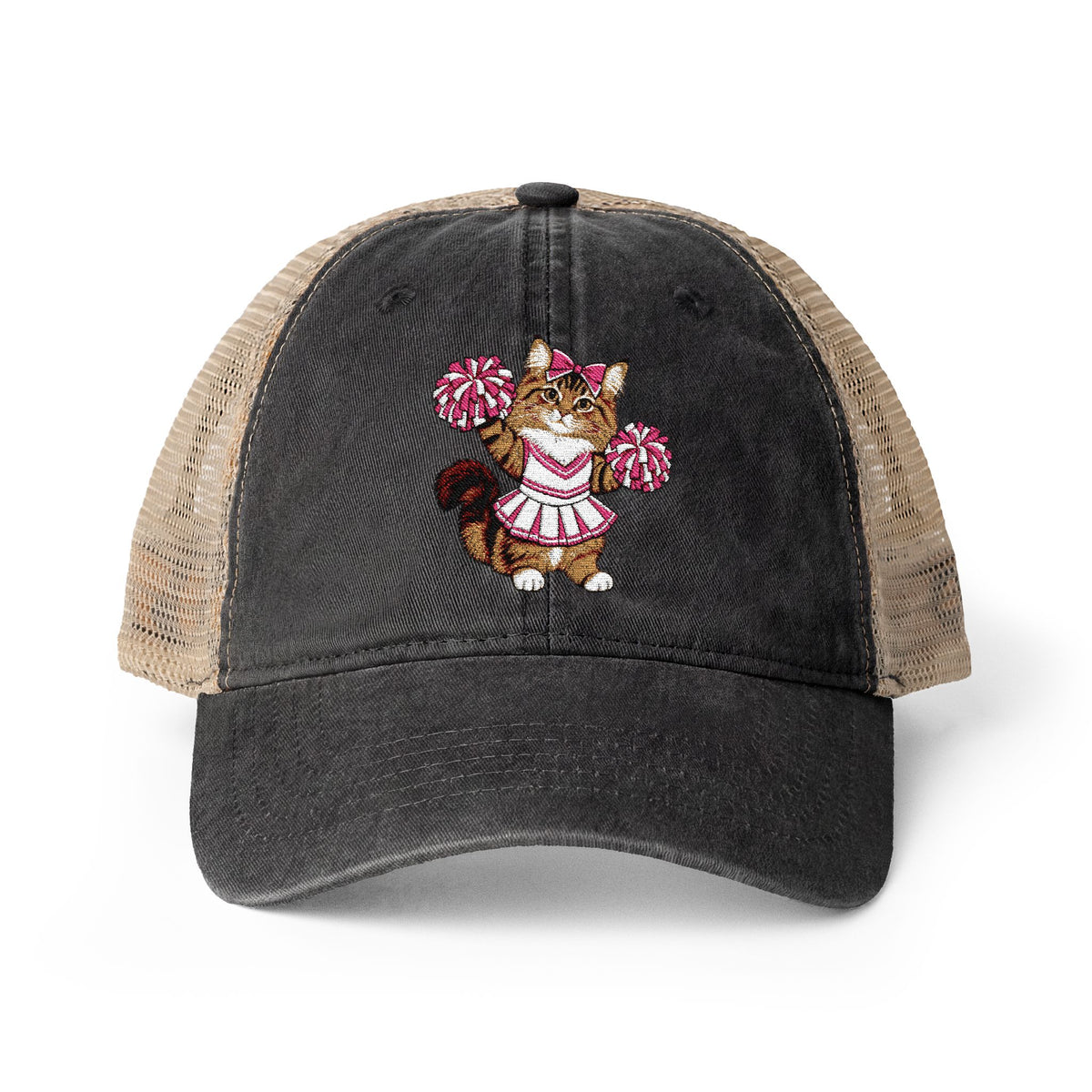 Cheerleader Cat Embroidered Women's Washed Mesh-Back Cap