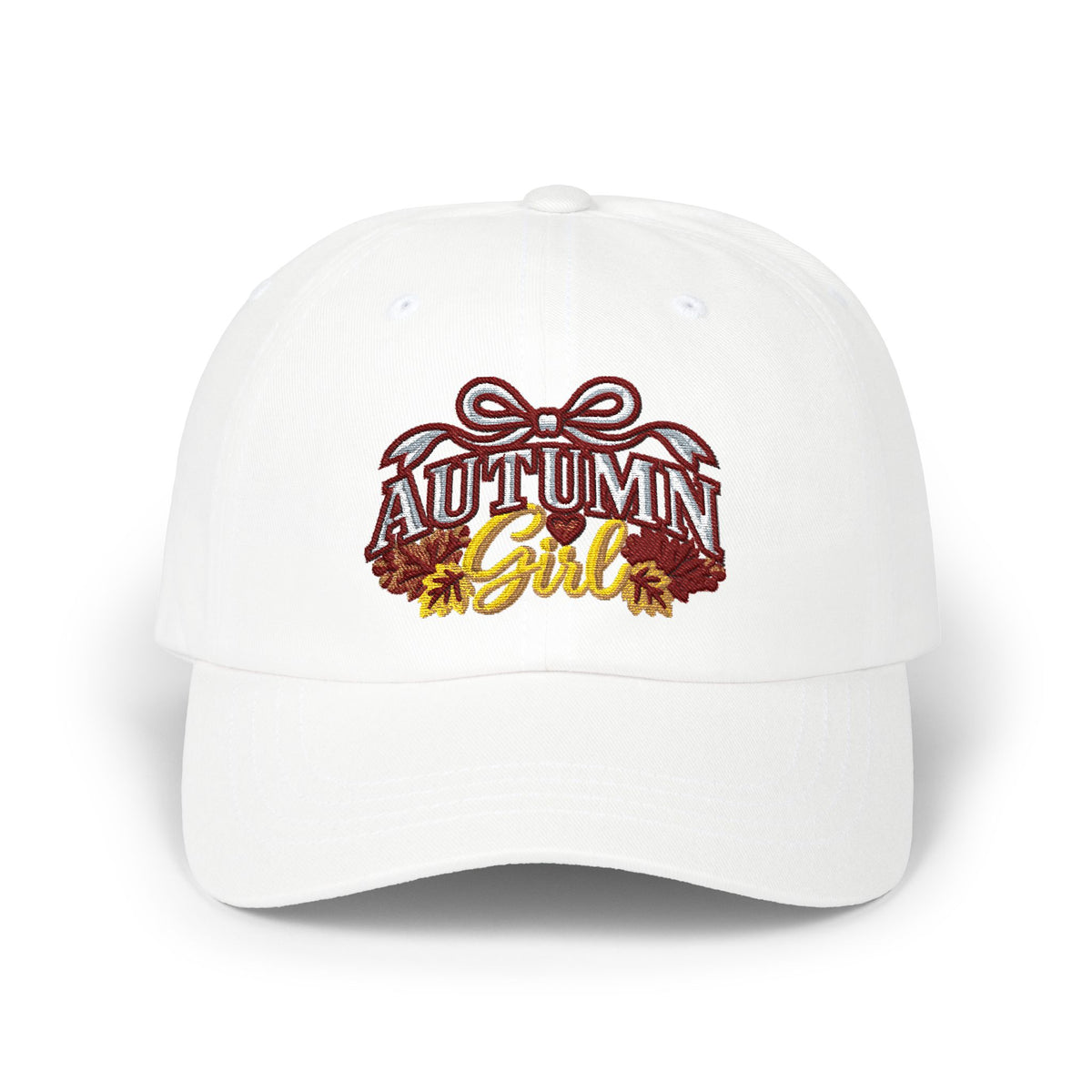 Autumn Girl embroidered design Classic Cap | fall leaves, ribbon