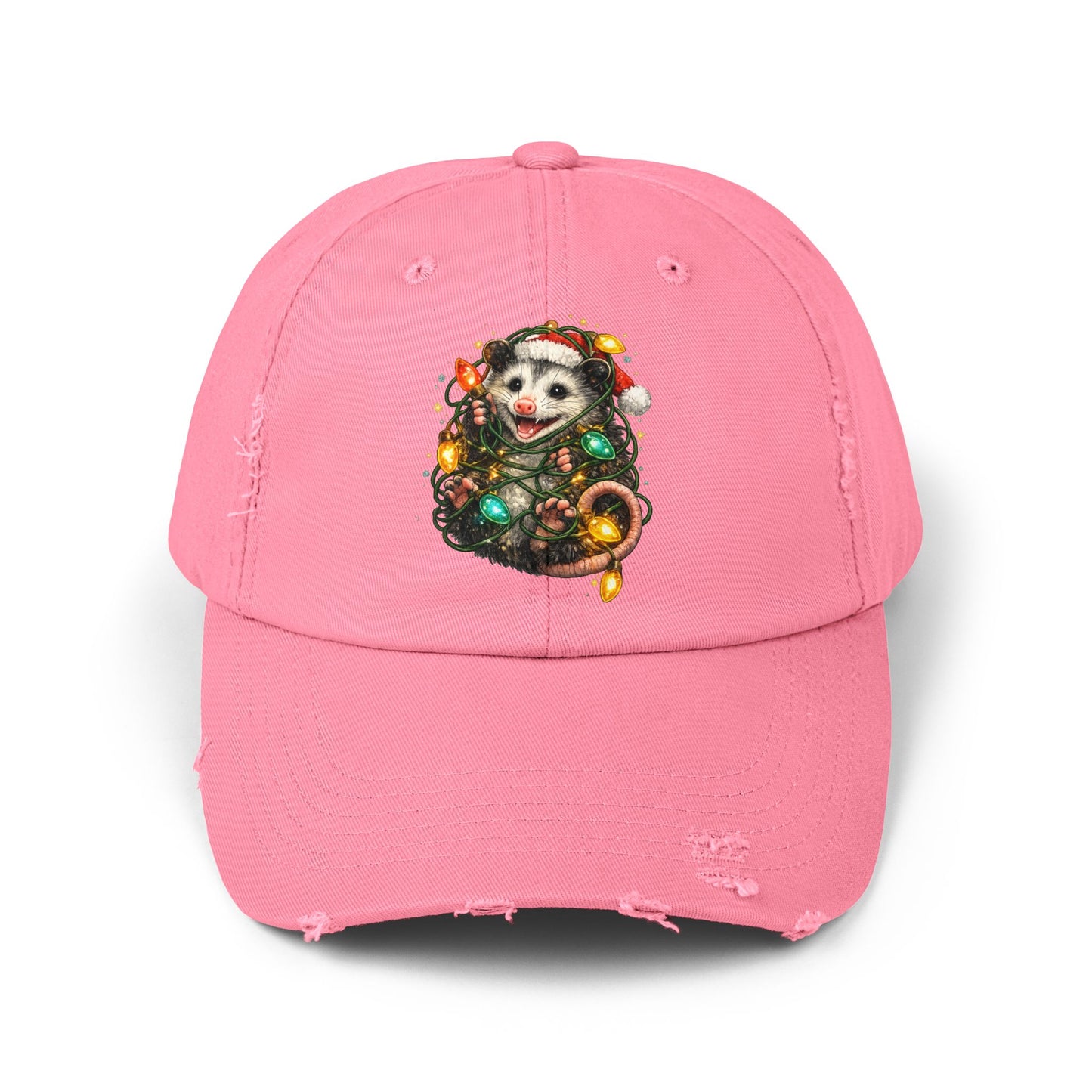 Christmas Opossum Distressed Cap — Cute Opossum Wrapped in Holiday Lights