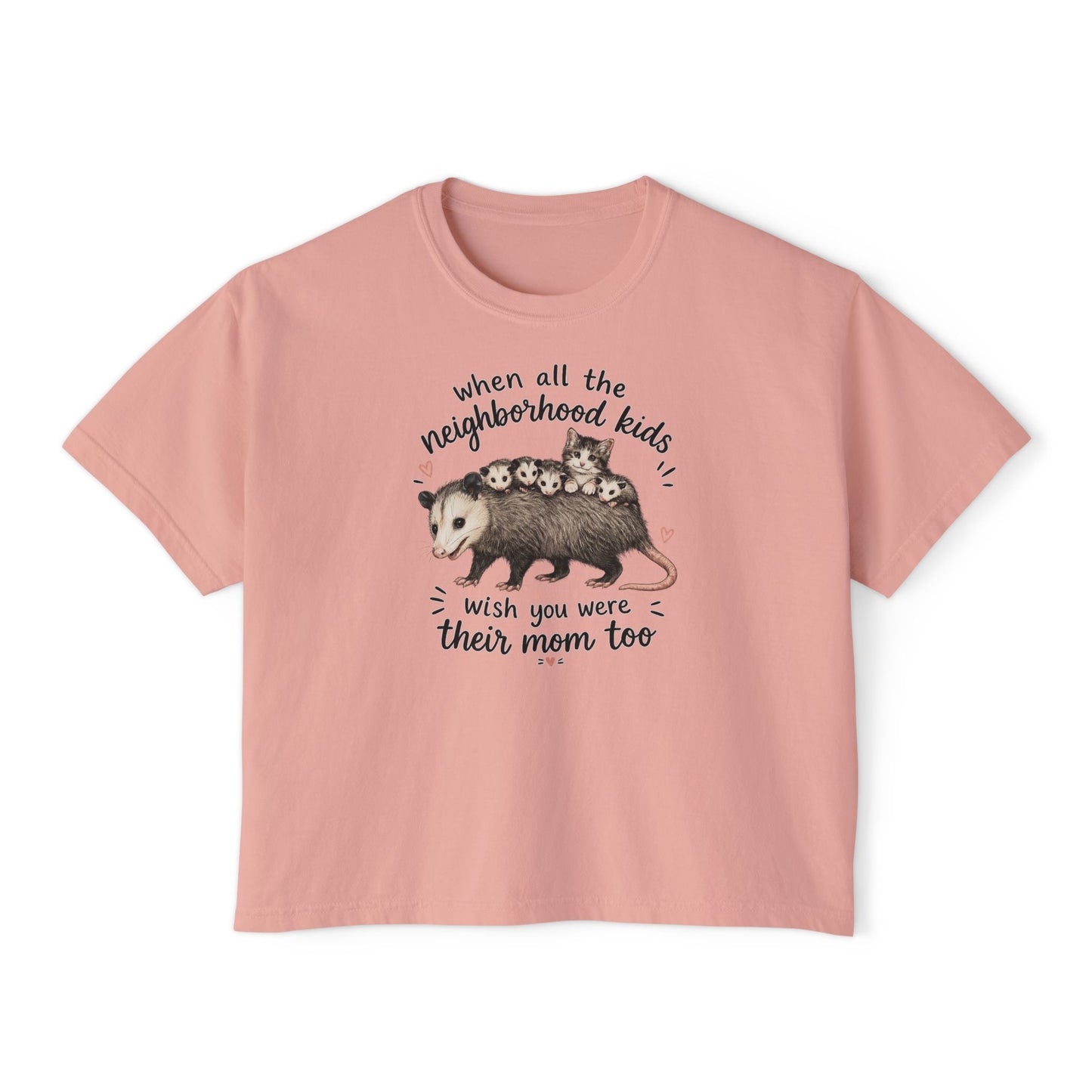 Women's Boxy Tee- Opossum and kitten neighborhood mom graphic