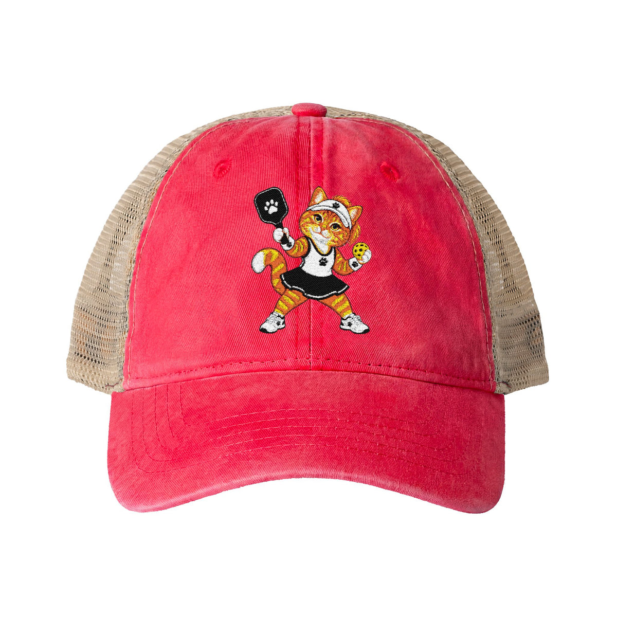 Pickleball Orange Cat Embroidered Women's Washed Mesh-Back Cap