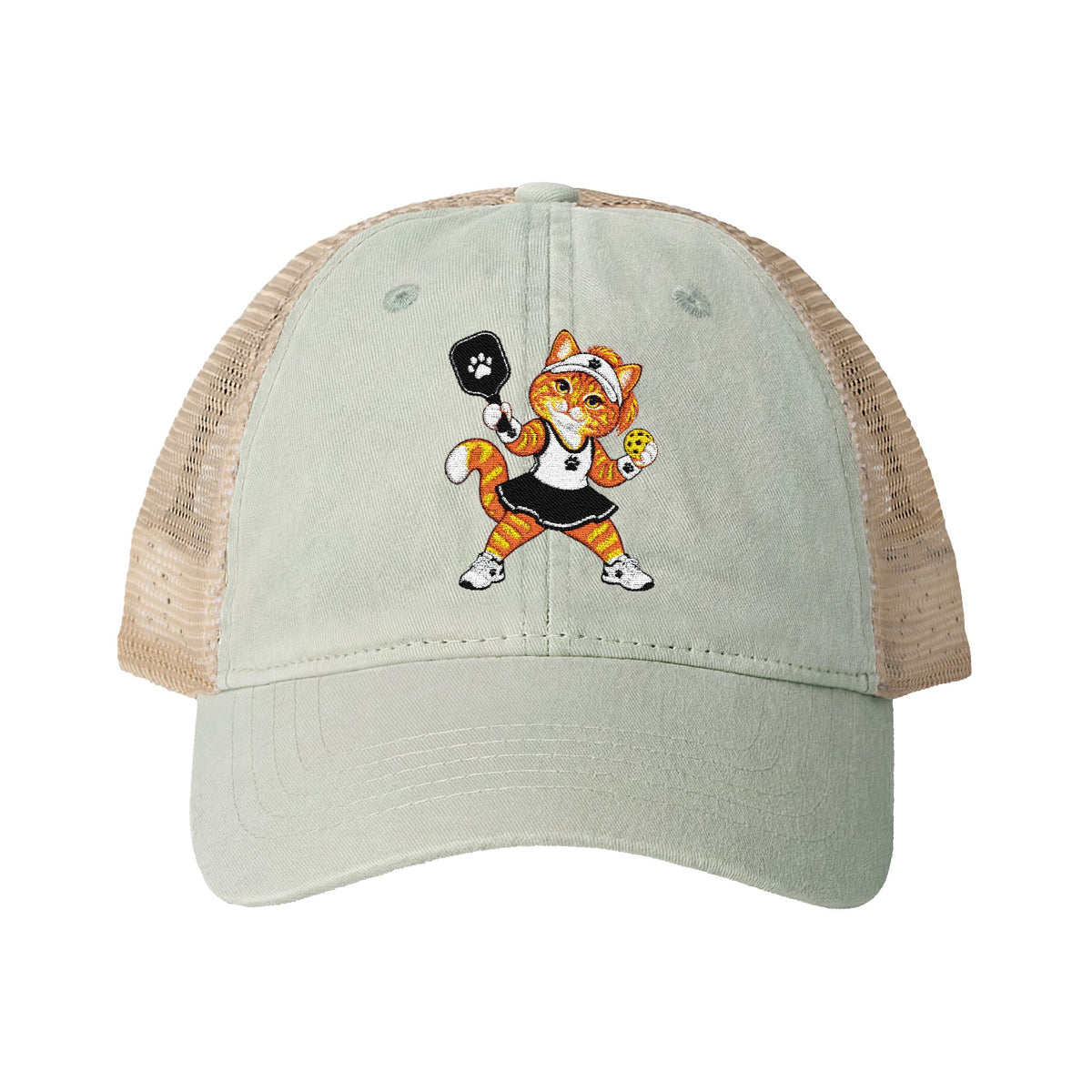 Pickleball Orange Cat Embroidered Women's Washed Mesh-Back Cap
