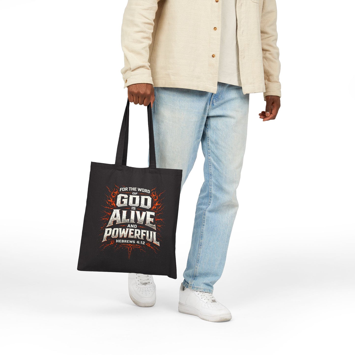 God is Alive and Powerful Tote Bag | Hebrews 4:12 Scripture Canvas