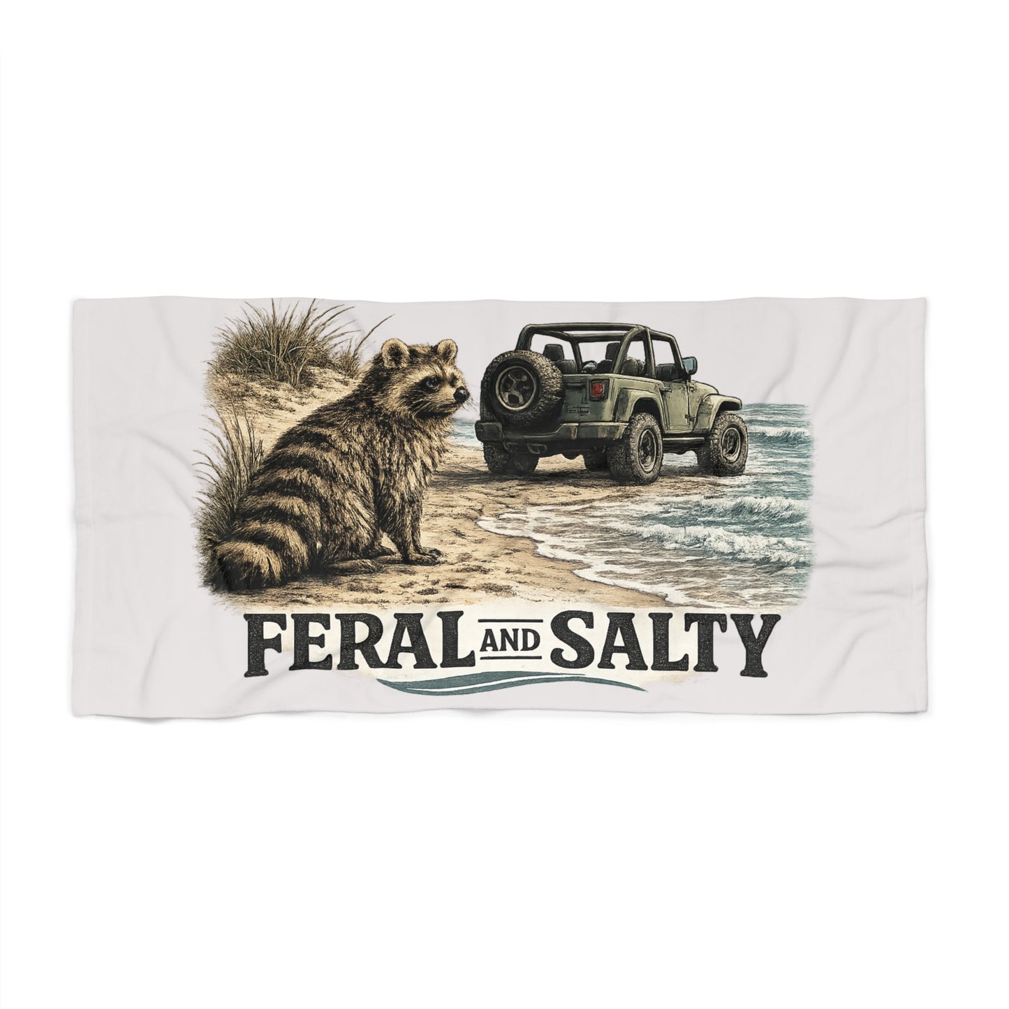Feral and Salty Beach Towel — Raccoon &  Ocean Coastal Towel design
