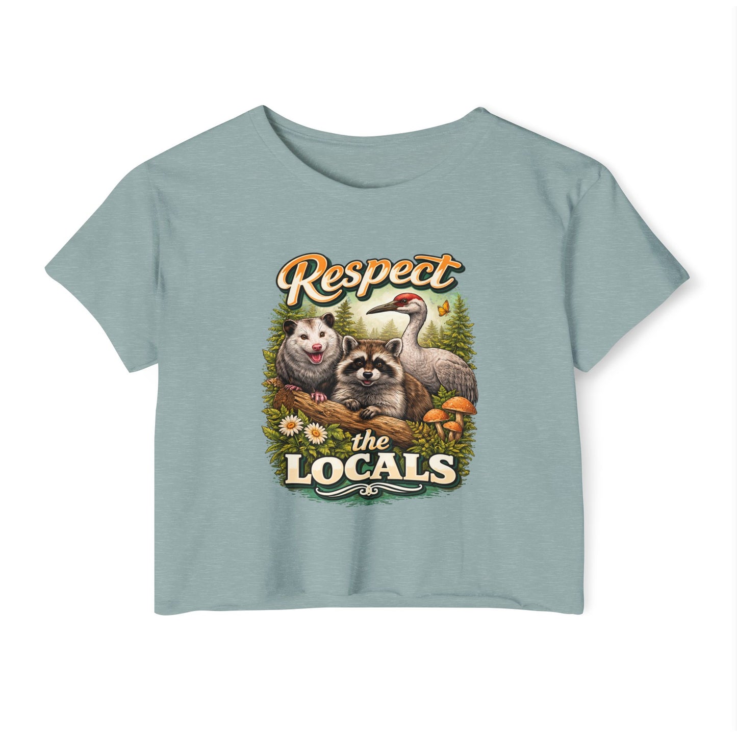 Respect the Locals Crop Top | Raccoon Opossum Sandhill Crane Nature Graphic Wildlife conservation