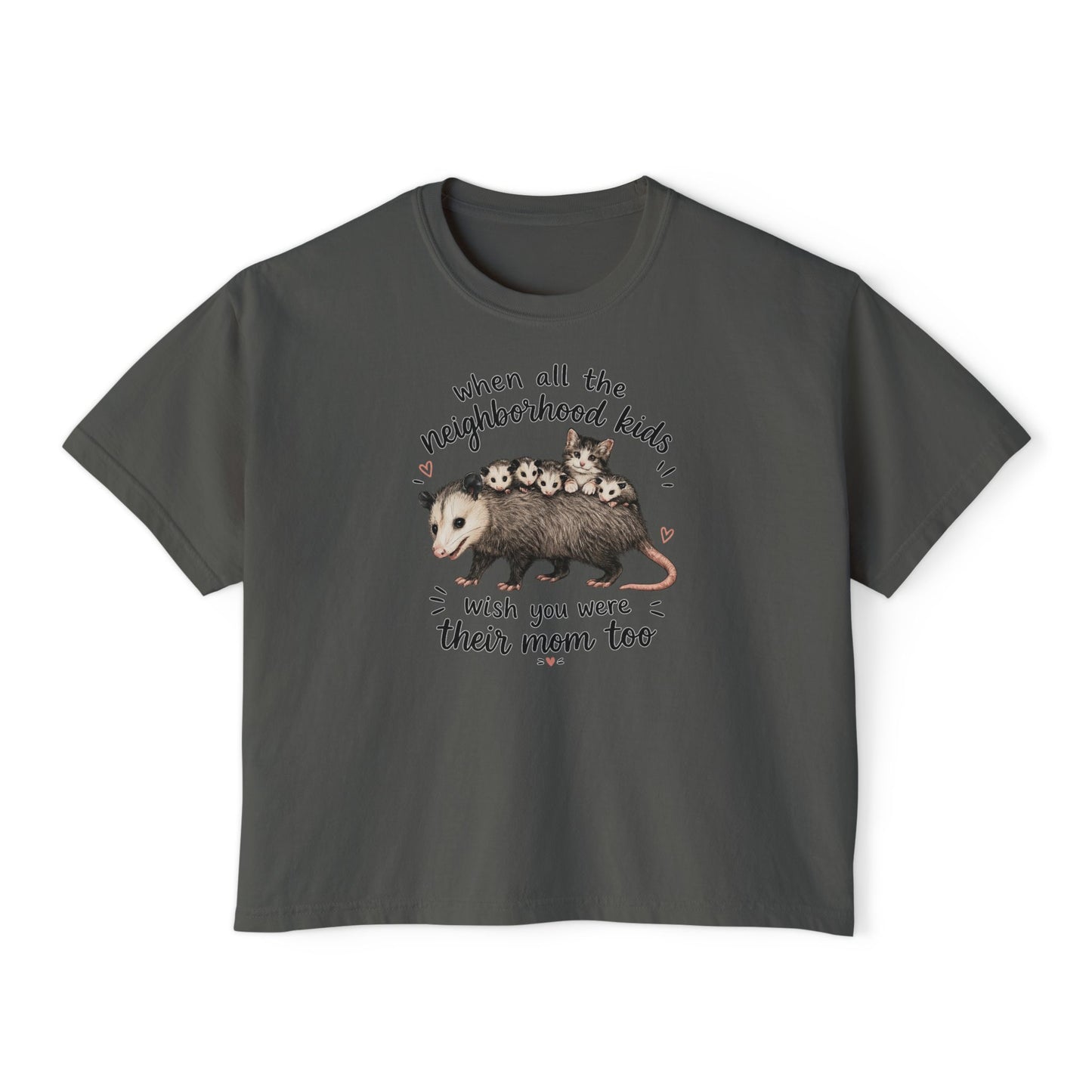 Women's Boxy Tee- Opossum and kitten neighborhood mom graphic