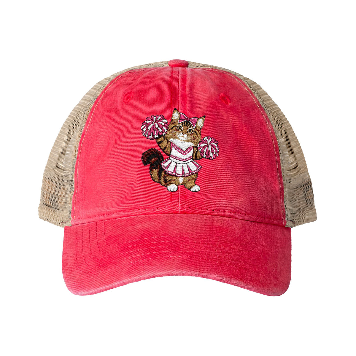 Cheerleader Cat Embroidered Women's Washed Mesh-Back Cap