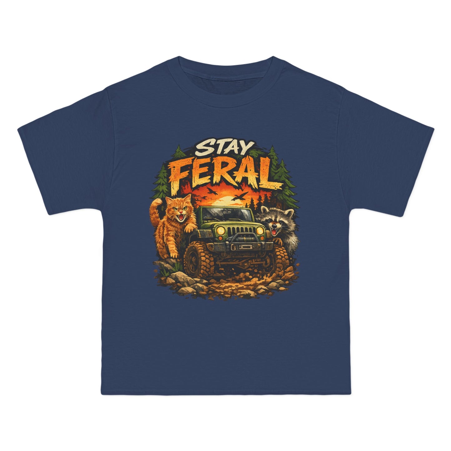 Stay Feral cat, raccoon and 4x4 T-Shirt | Outdoor Adventure Graphic Tee, humorous wildlife off-road tee