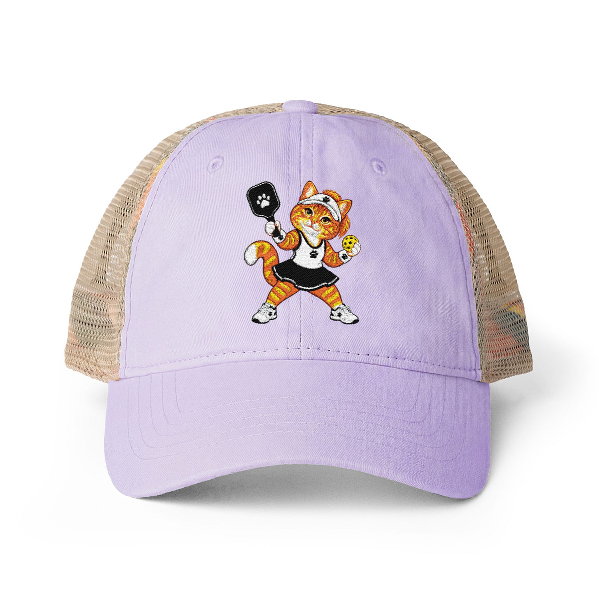 Pickleball Orange Cat Embroidered Women's Washed Mesh-Back Cap