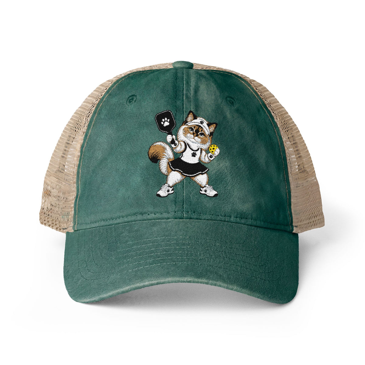 Pickleball Cat Embroidered Women's Washed Mesh-Back Cap