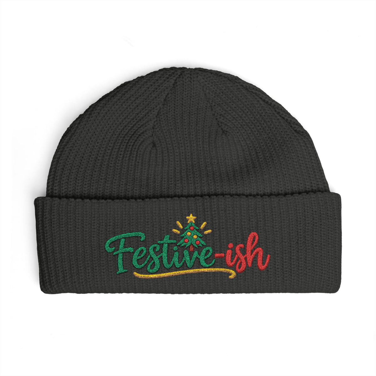 Festive-ish Cuff Beanie — Embroidered Holiday Knit Hat