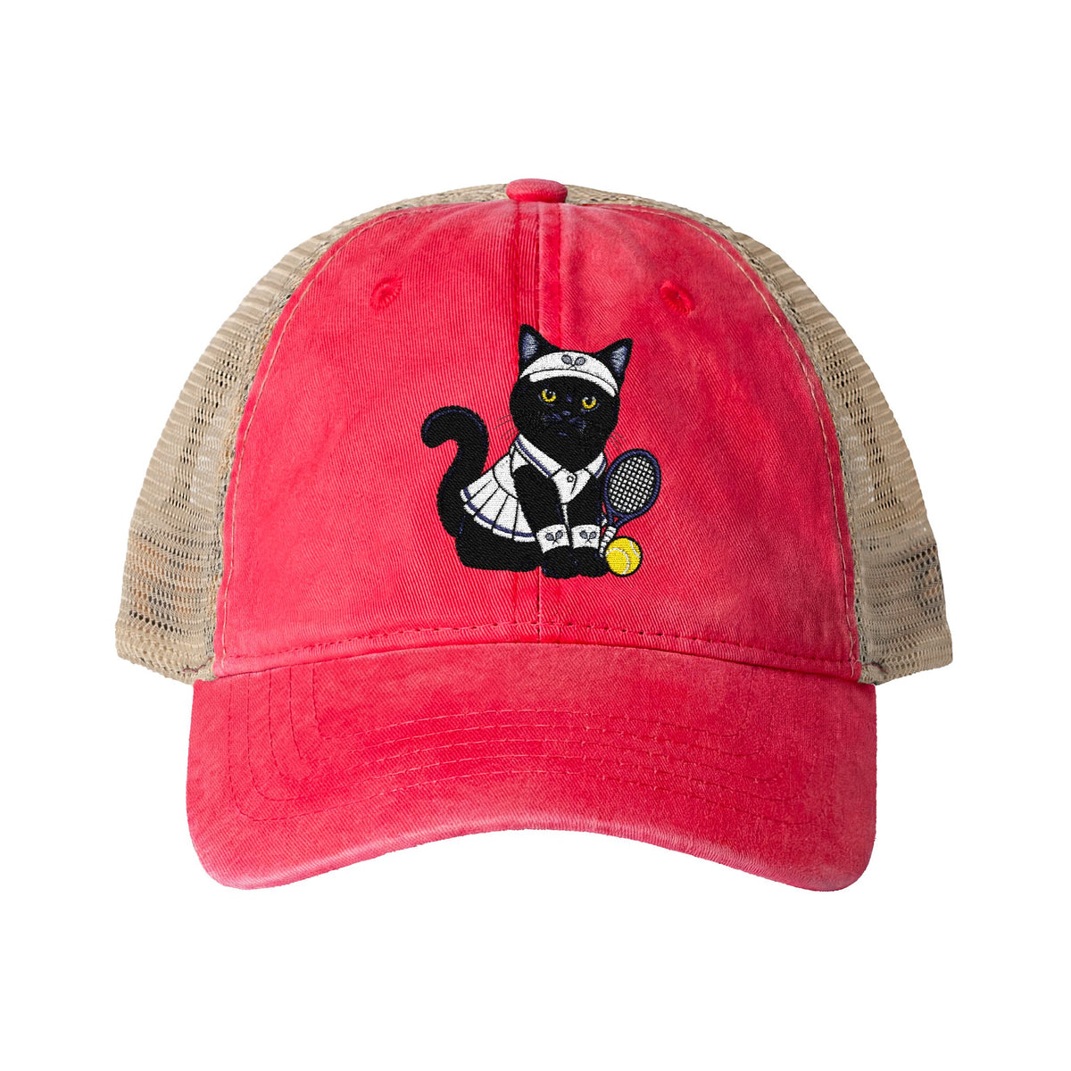Black Cat Tennis Embroidered Women's Washed Mesh-Back Cap