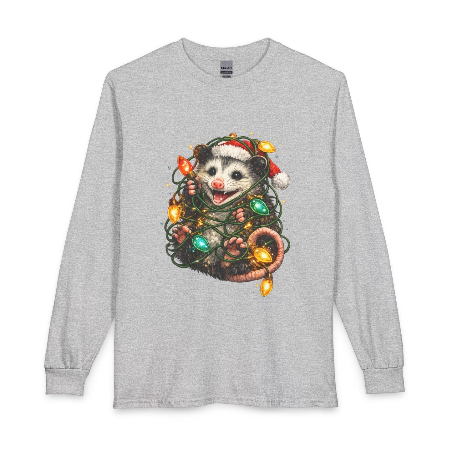 Christmas Opossum Long Sleeve Tee — Cute Opossum Wrapped in Holiday Lights
