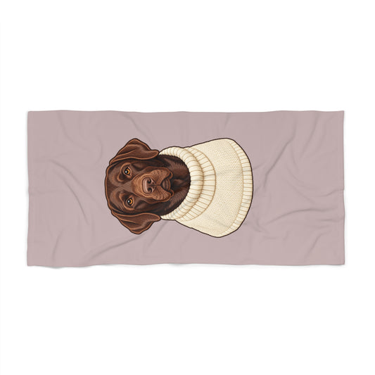 Chocolate Labrador in Cable Knit Sweater Beach Towel — Cute Dog Beach Towel for Dog Lovers