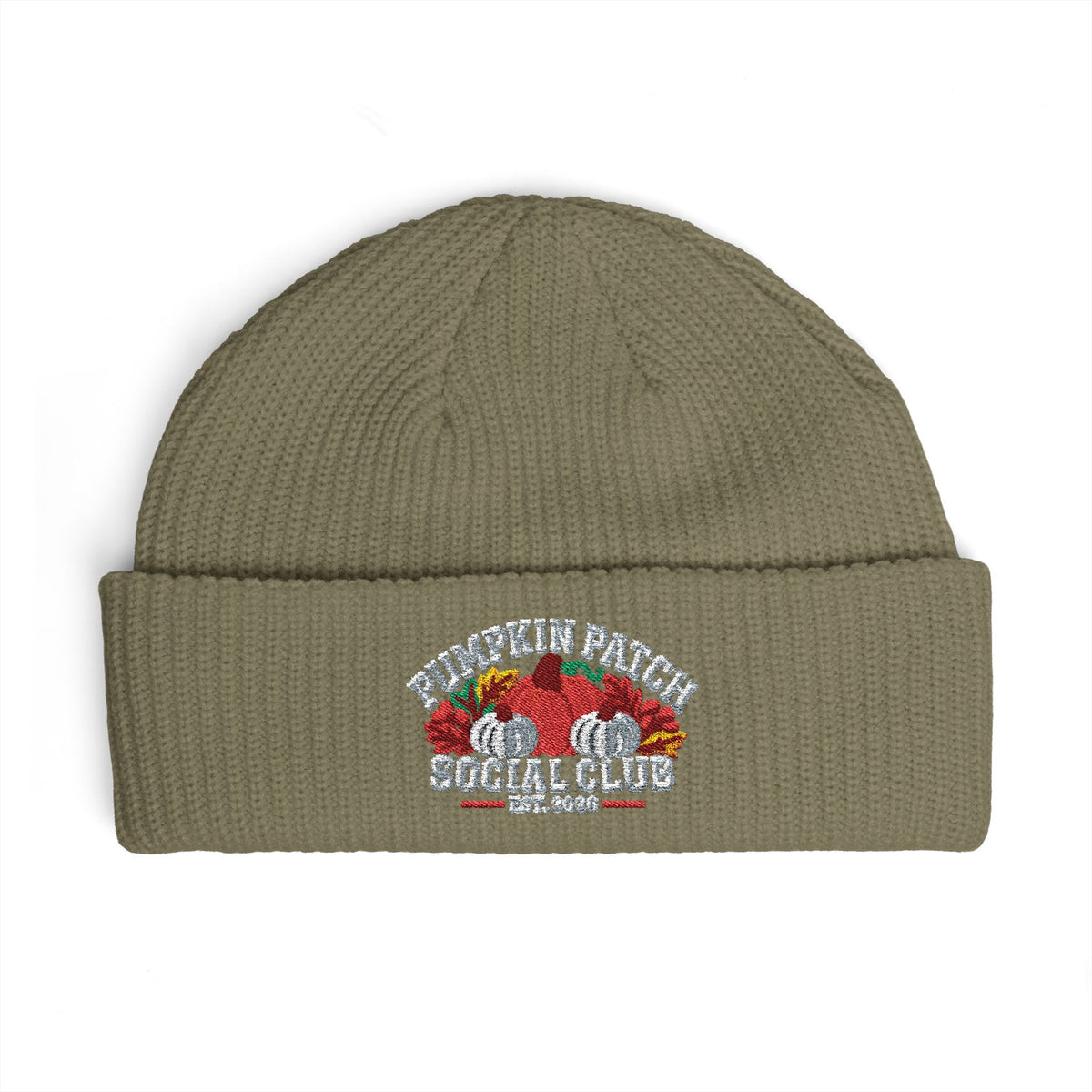Pumpkin Patch Social Club 2026 Embroidered Cuff Beanie — Fall Harvest Embroidered Knit Hat