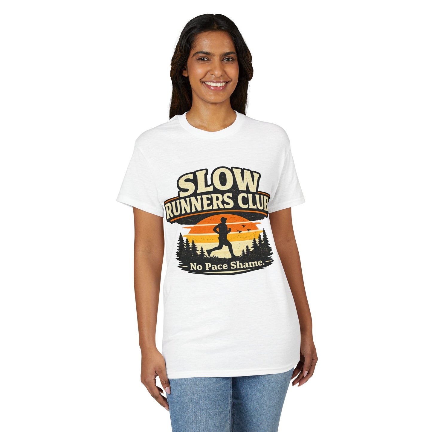 Slow Runners Club No Pace Shame T-Shirt | Retro Sunset Trail Running Shirt