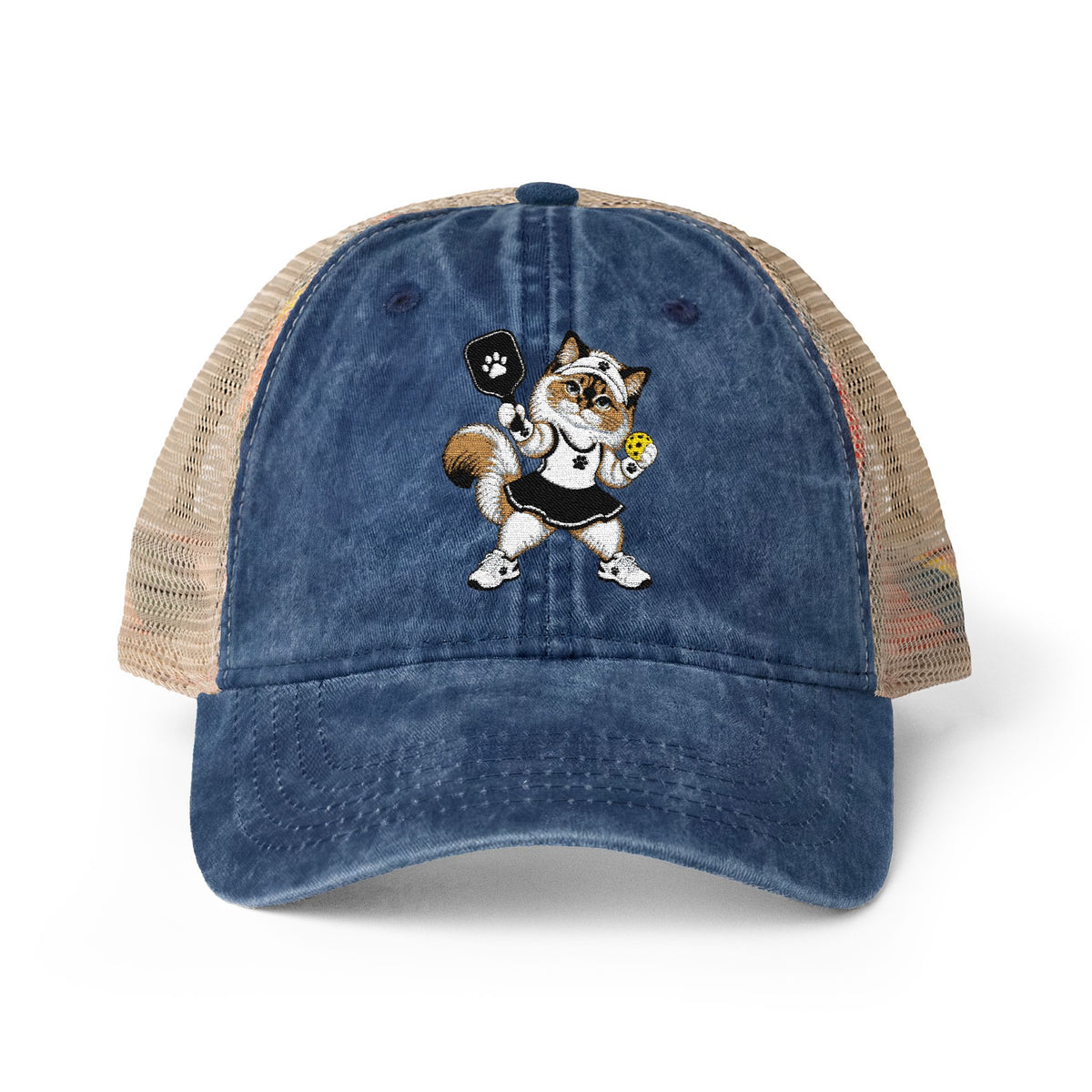 Pickleball Cat Embroidered Women's Washed Mesh-Back Cap
