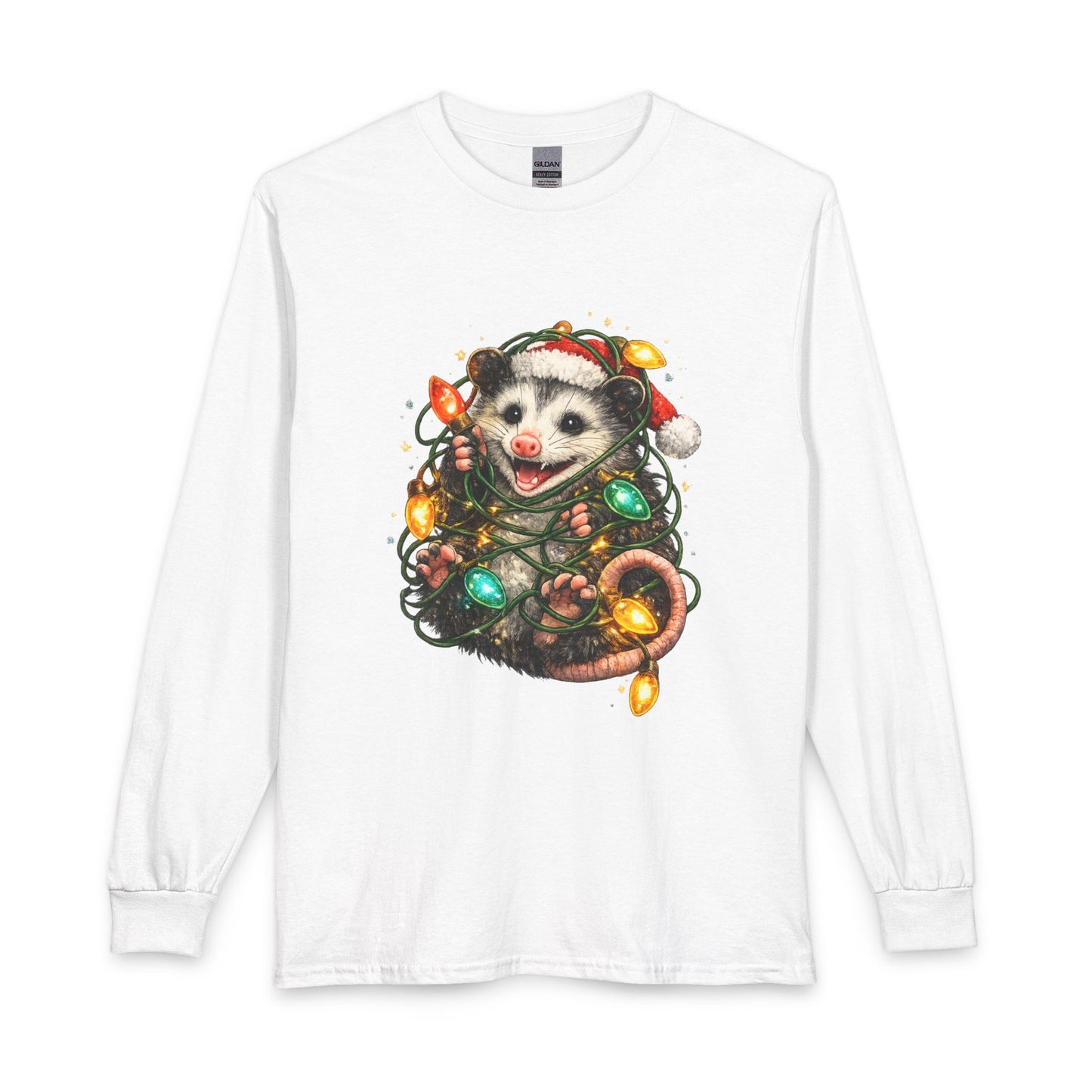 Christmas Opossum Long Sleeve Tee — Cute Opossum Wrapped in Holiday Lights