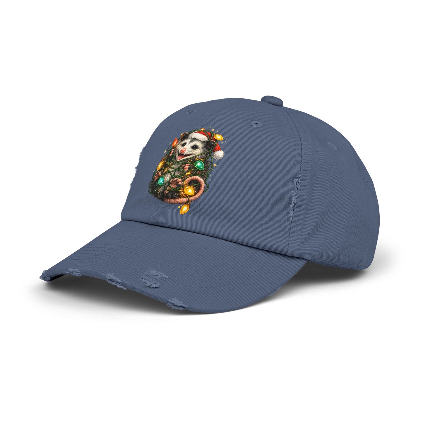 Christmas Opossum Distressed Cap — Cute Opossum Wrapped in Holiday Lights