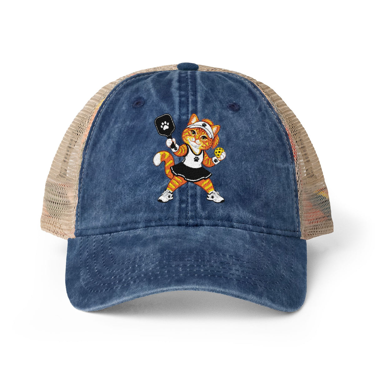 Pickleball Orange Cat Embroidered Women's Washed Mesh-Back Cap