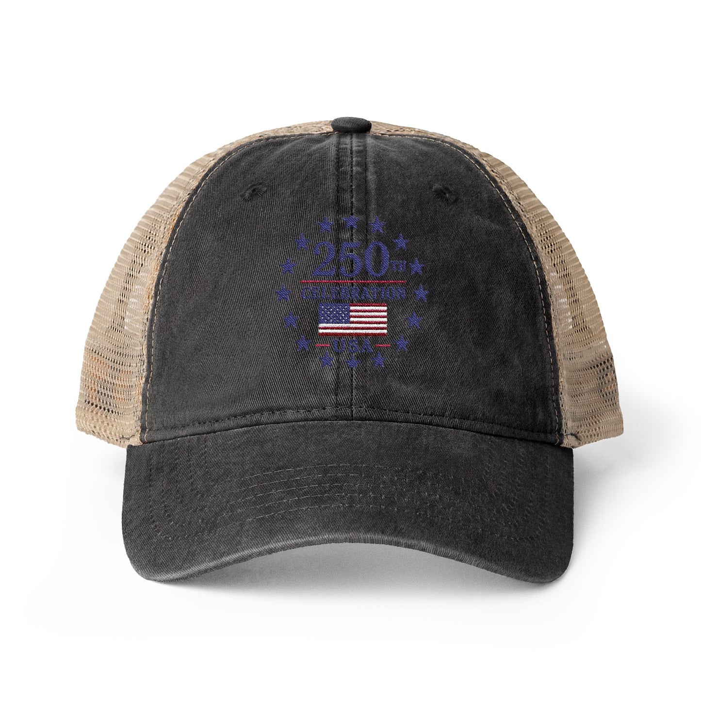 Women's Washed Mesh-Back Cap with print underneath bill embroidered USA 250th celebration various colors