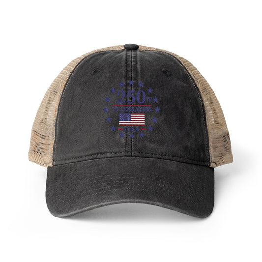 Women's Washed Mesh-Back Cap with print underneath bill embroidered USA 250th celebration various colors