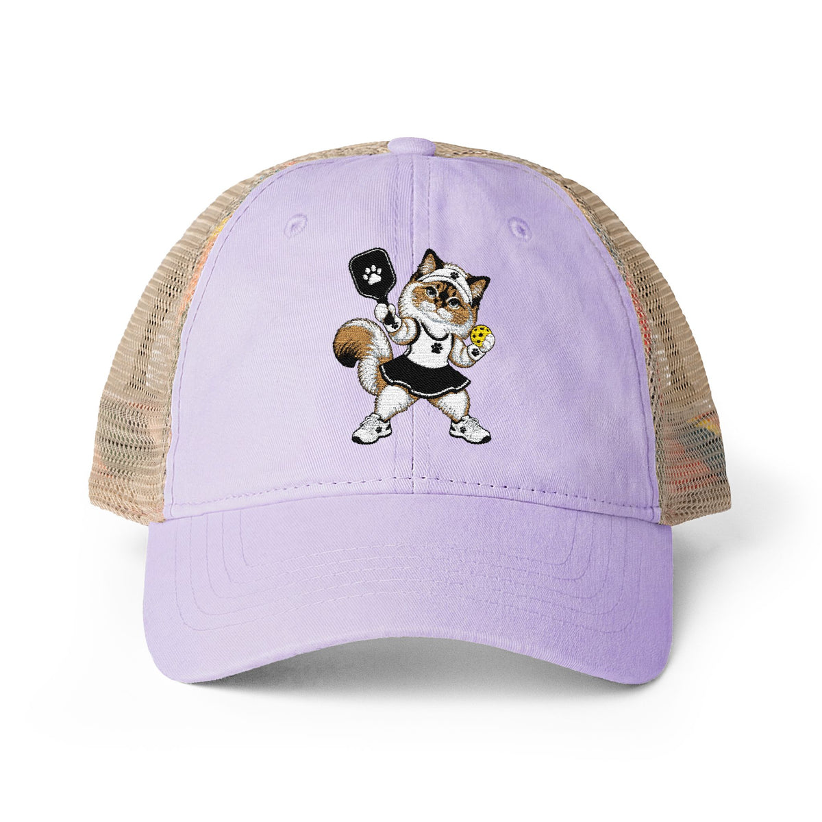 Pickleball Cat Embroidered Women's Washed Mesh-Back Cap