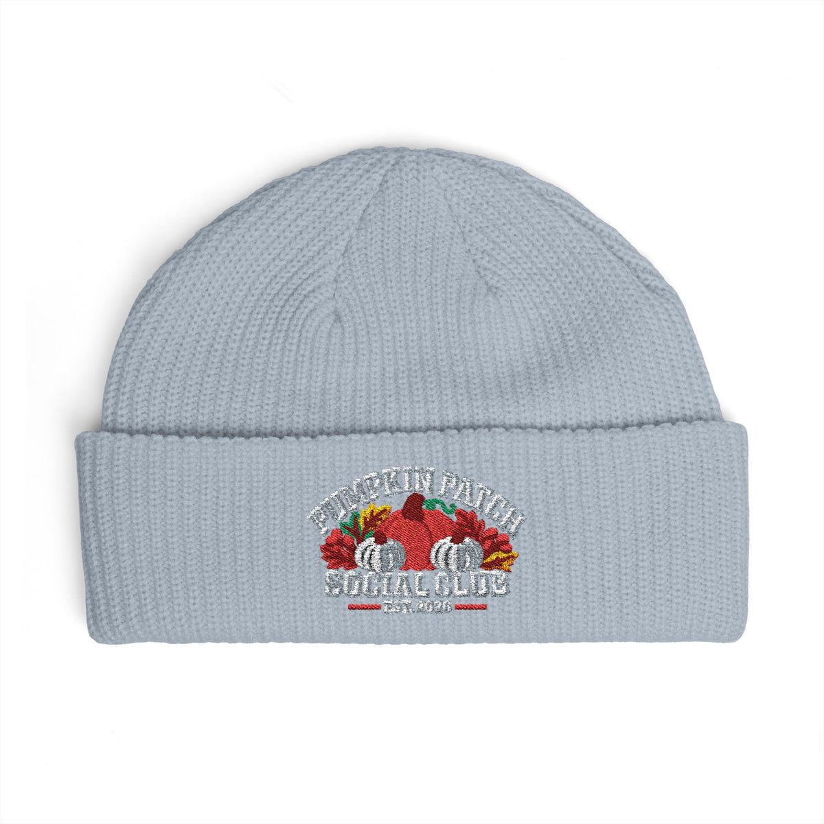 Pumpkin Patch Social Club 2026 Embroidered Cuff Beanie — Fall Harvest Embroidered Knit Hat