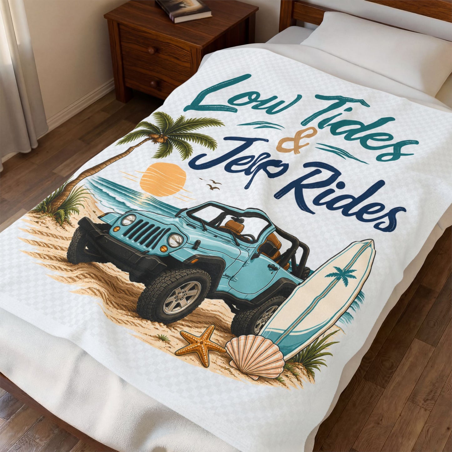 Low Tides & Beach Rides Velveteen Plush Blanket | Beach off-road Surf Design