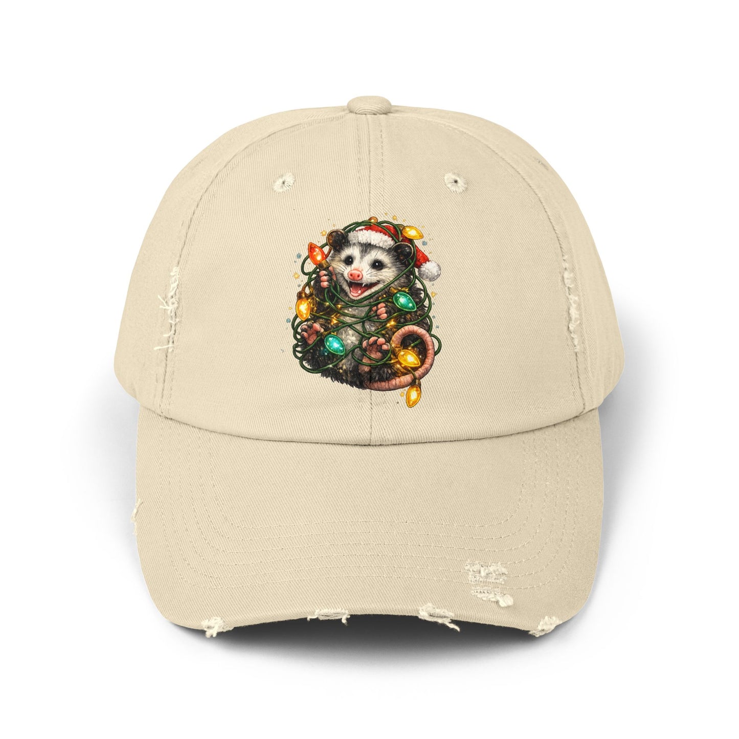 Christmas Opossum Distressed Cap — Cute Opossum Wrapped in Holiday Lights