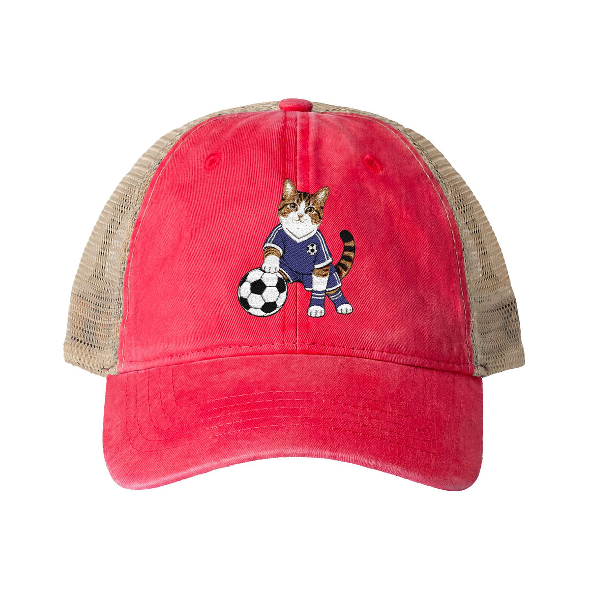 Soccer Cat Embroidered Women's Washed Mesh-Back Cap