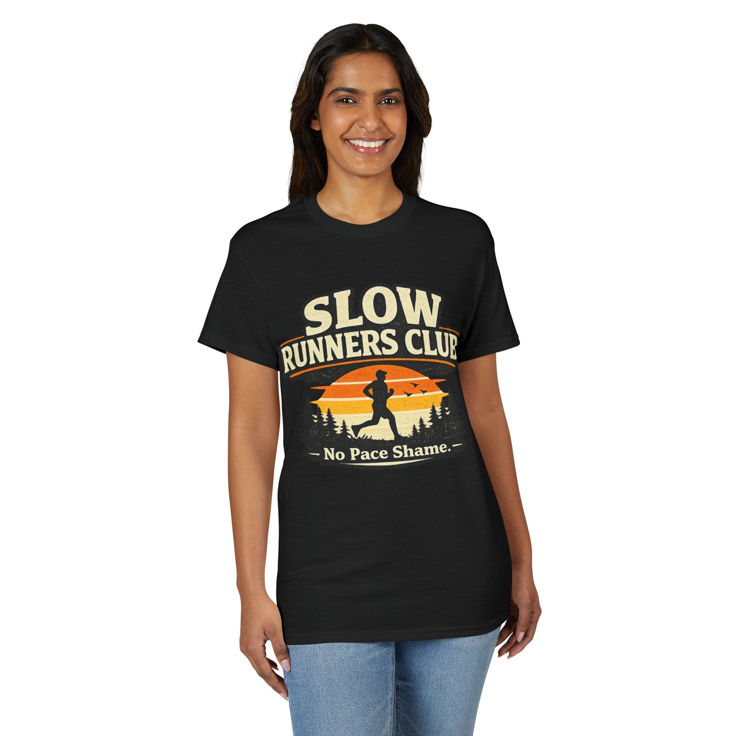 Slow Runners Club No Pace Shame T-Shirt | Retro Sunset Trail Running Shirt