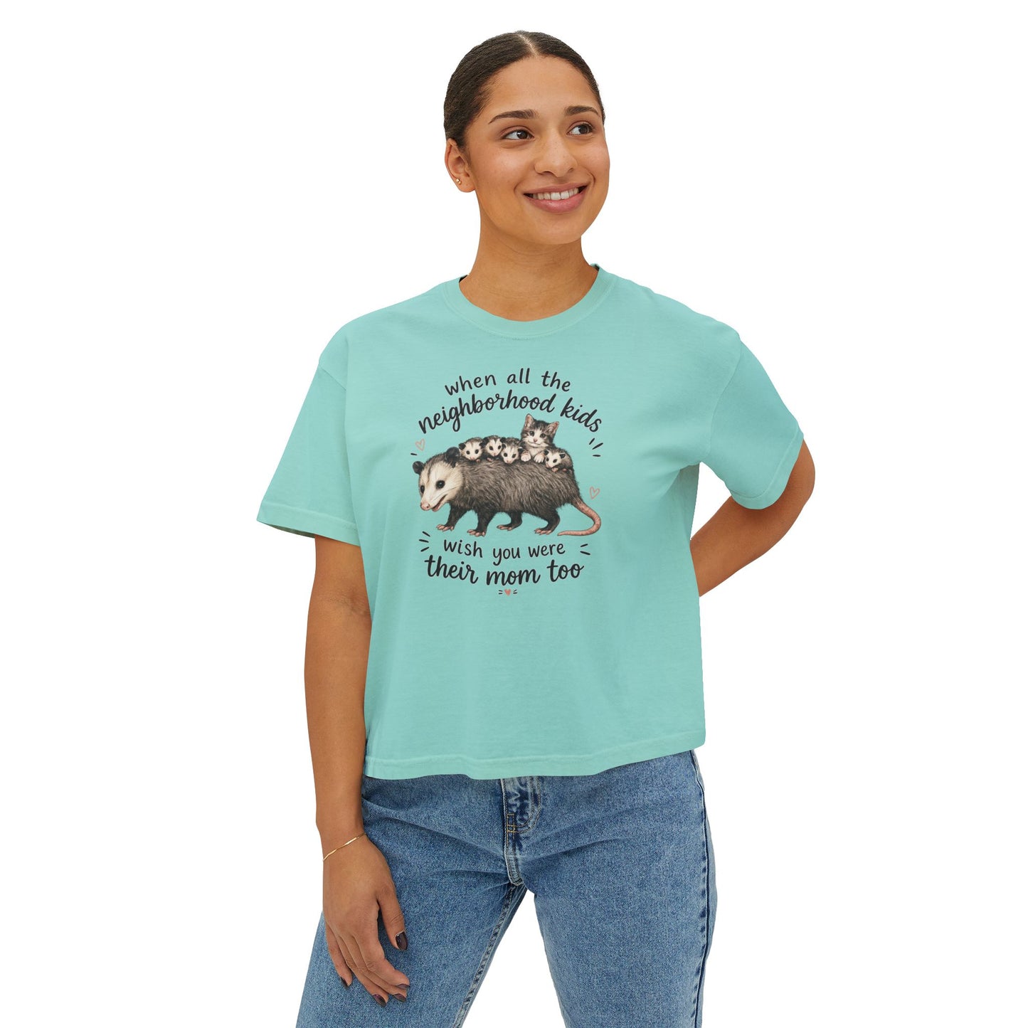 Women's Boxy Tee- Opossum and kitten neighborhood mom graphic