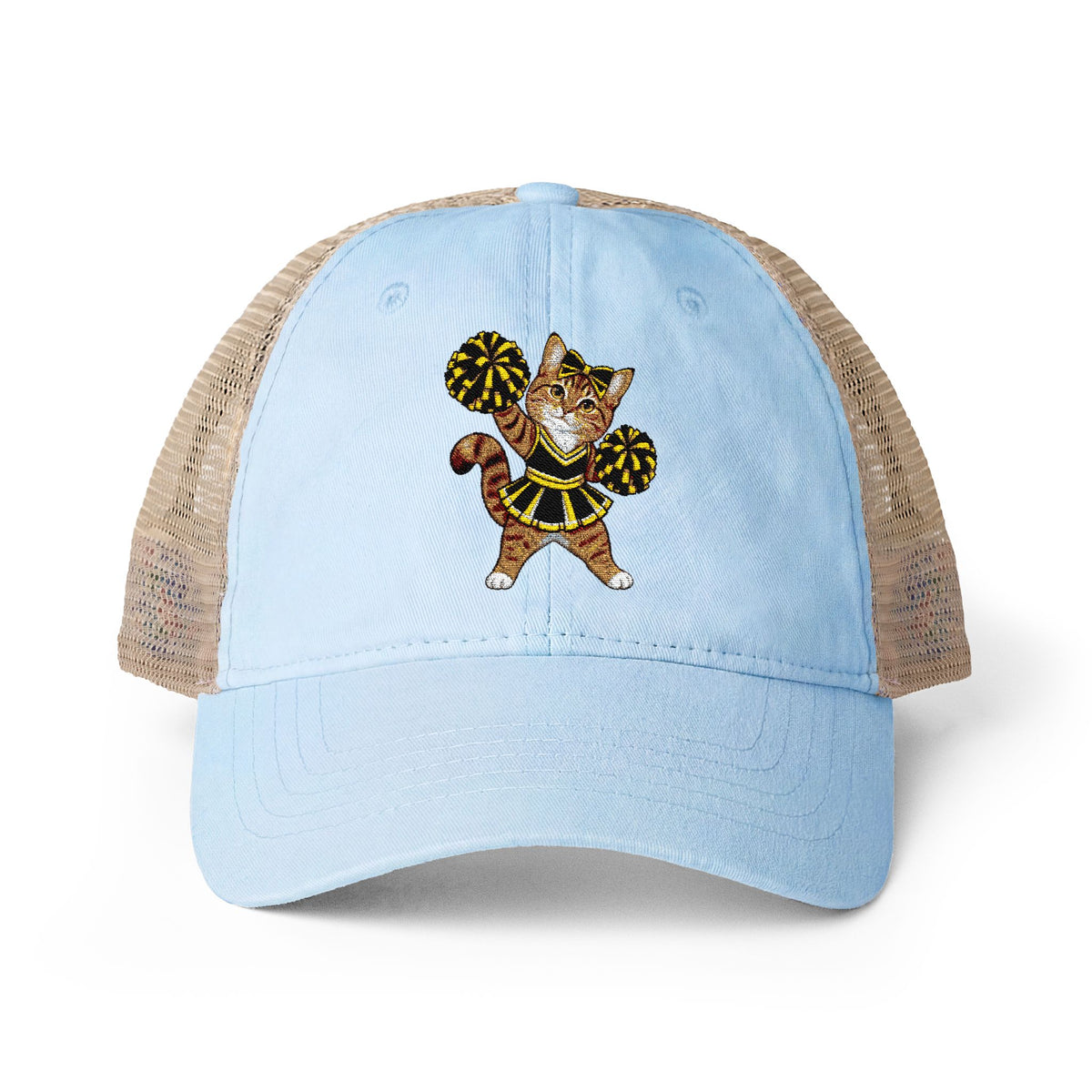 Orange Cheer Cat embroidered Women's Washed Mesh-Back Cap