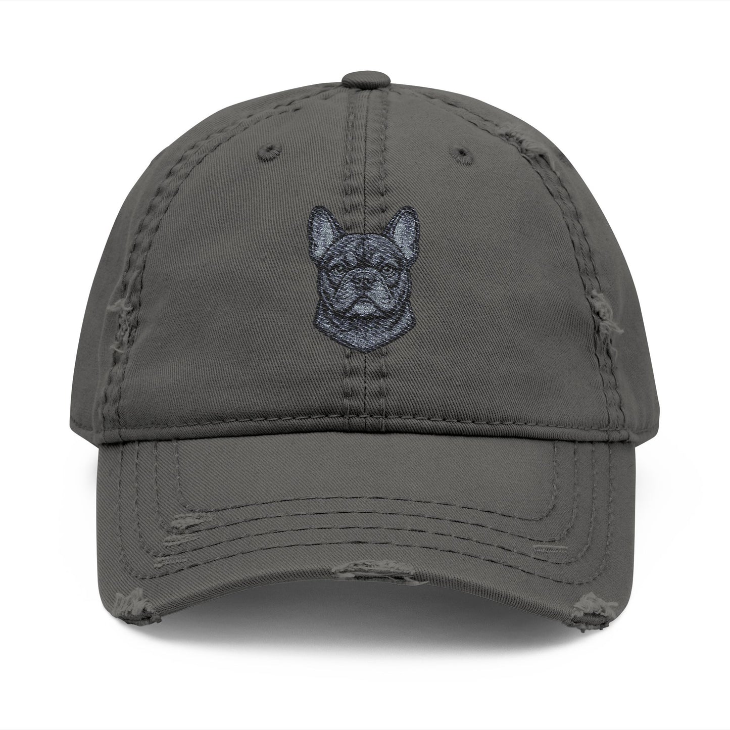 Embroidered Black French Bulldog Face Dad Hat | Distressed Baseball Cap