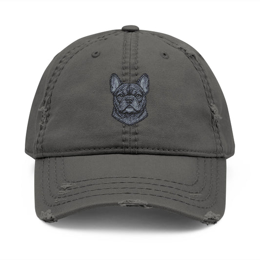 Embroidered Black French Bulldog Face Dad Hat | Distressed Baseball Cap