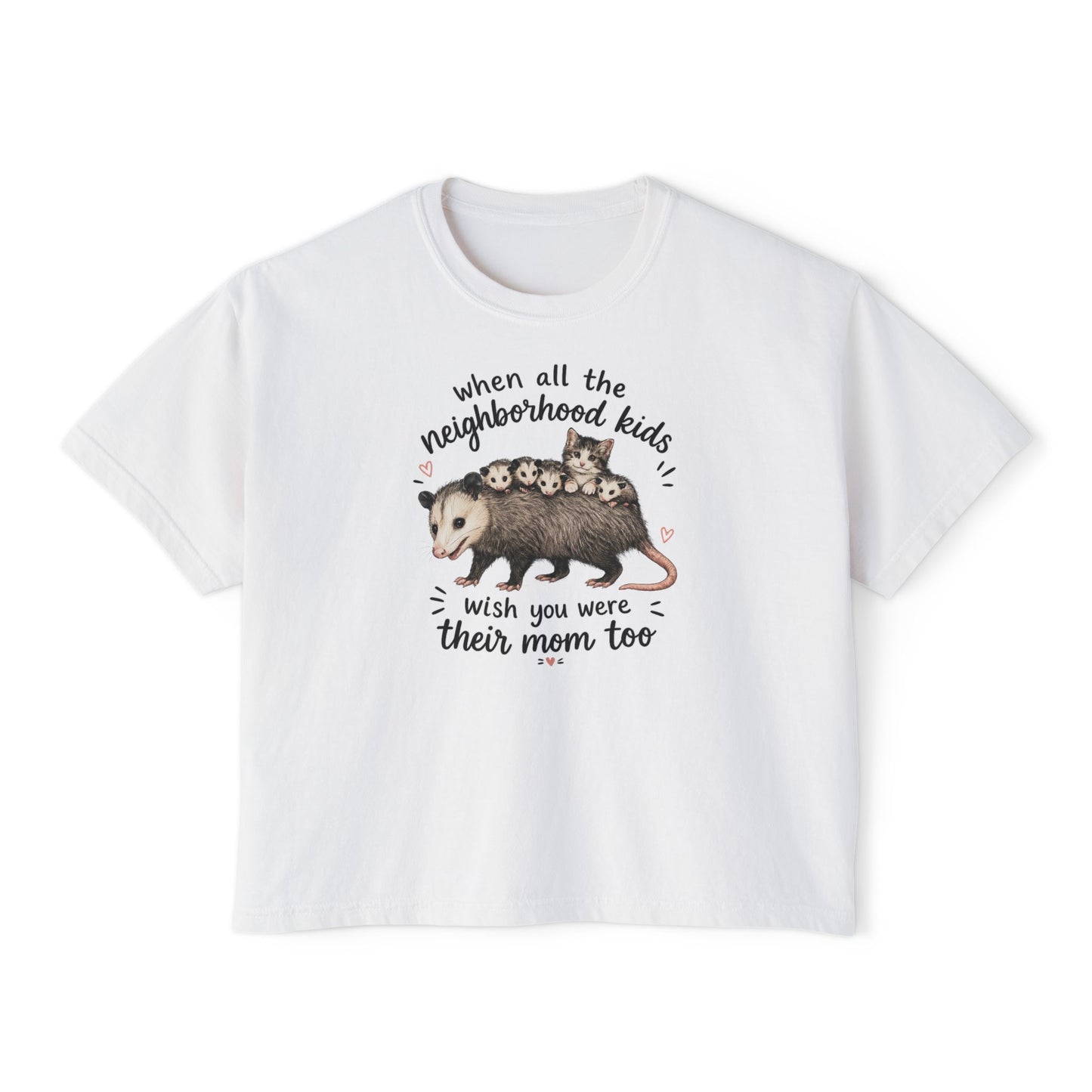 Women's Boxy Tee- Opossum and kitten neighborhood mom graphic