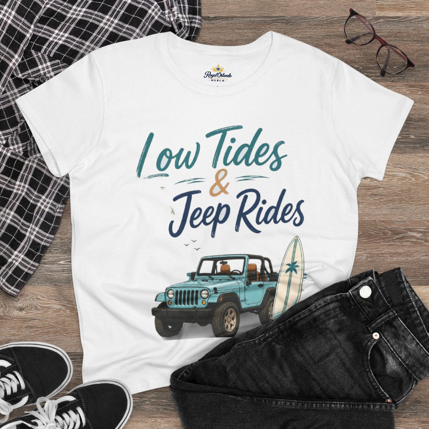 Low Tides & Jeep Rides Women's Tee — Beachy Surf Jeep Graphic T-Shirt