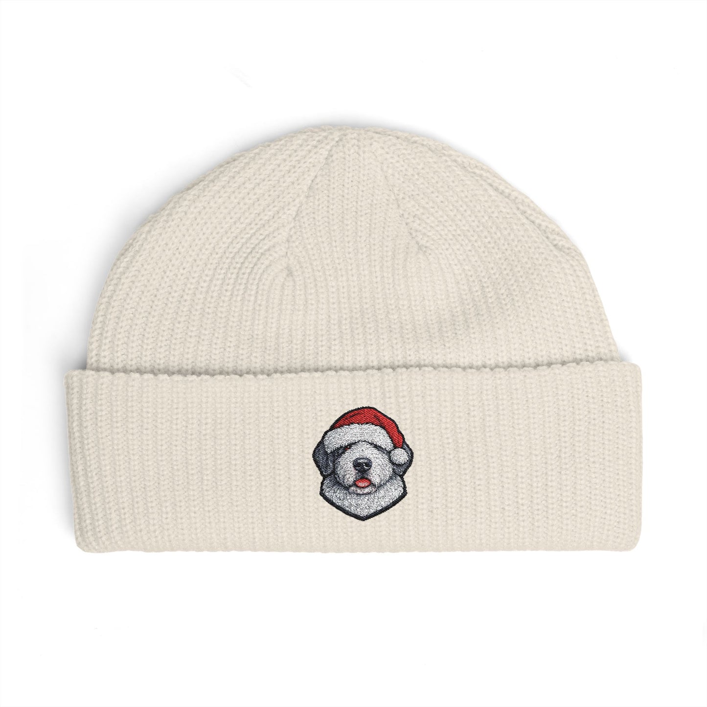 Cuffed Beanie — Embroidered Old English Sheep Dog in Santa Hat Winter Hat