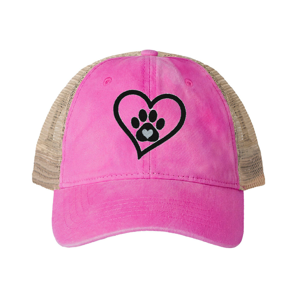 Heart Paw Print Embroidered Women's Washed Mesh-Back Cap