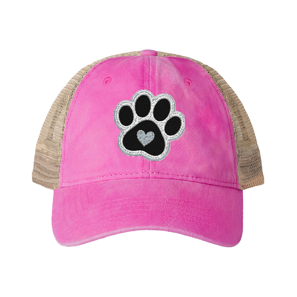 Paw print heart embroidered Women's Washed Mesh-Back Cap