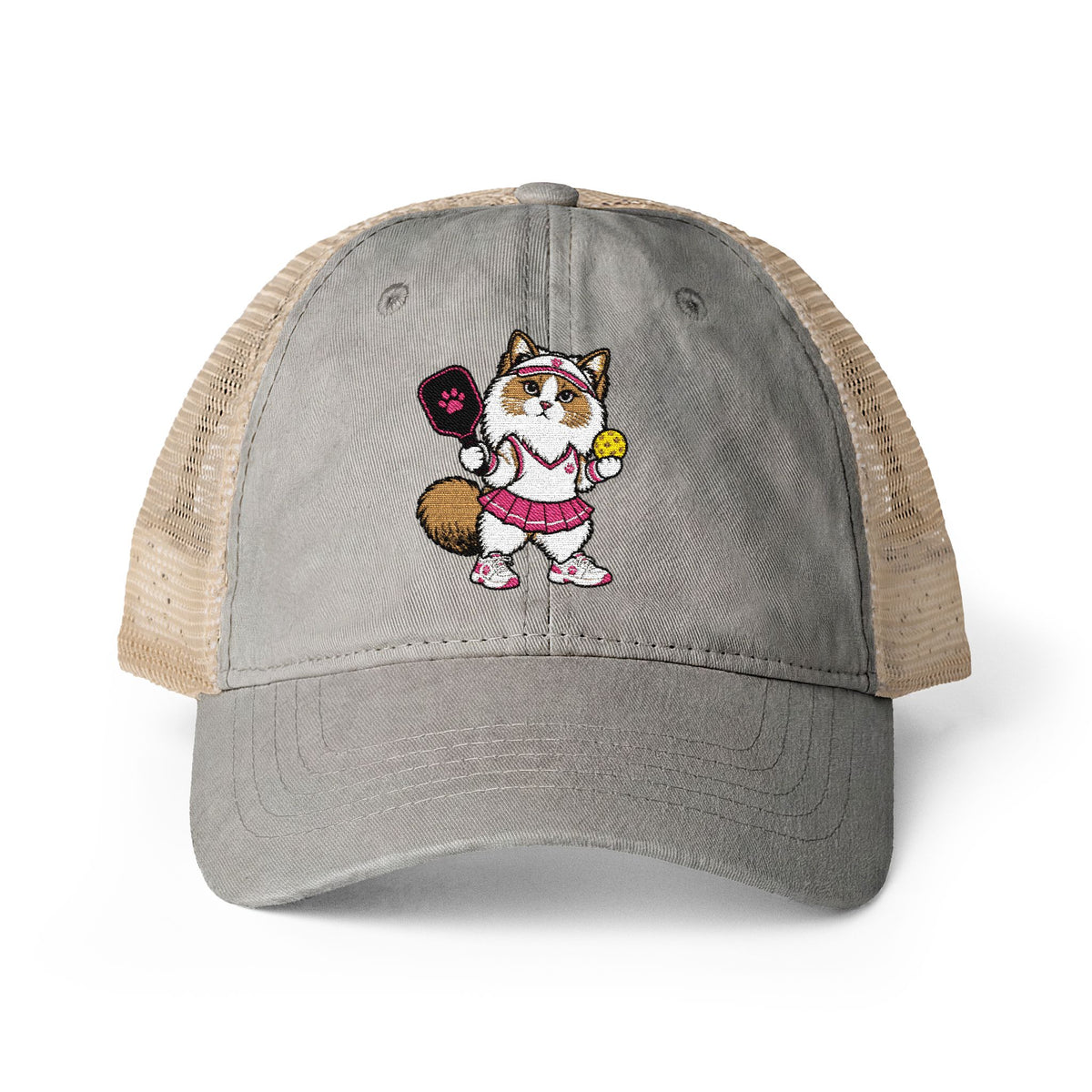 Pickleball Cat Embroidered Women's Washed Mesh-Back Cap