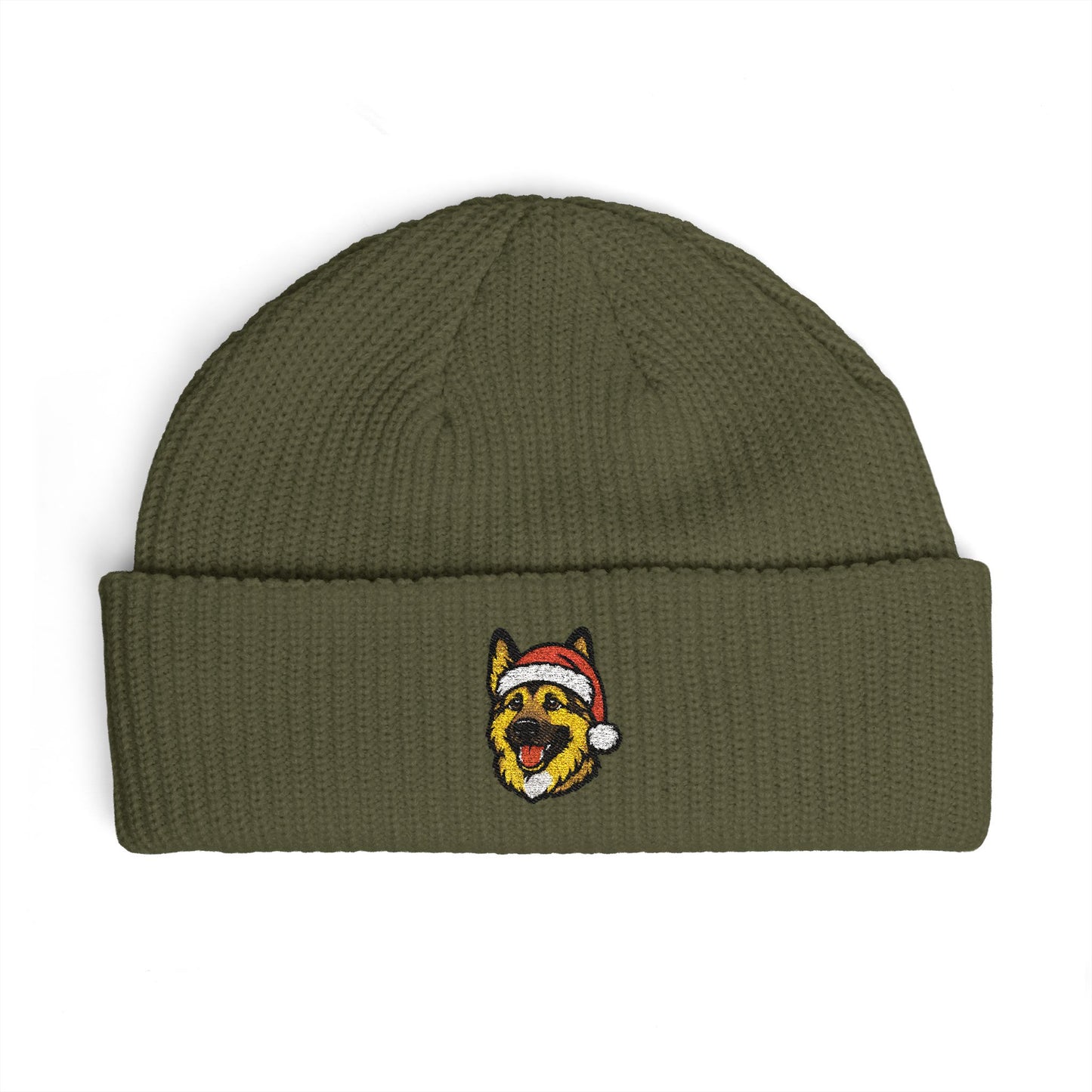 Cuffed Beanie — Embroidered German Shepherd Dog in Santa Hat Winter cap