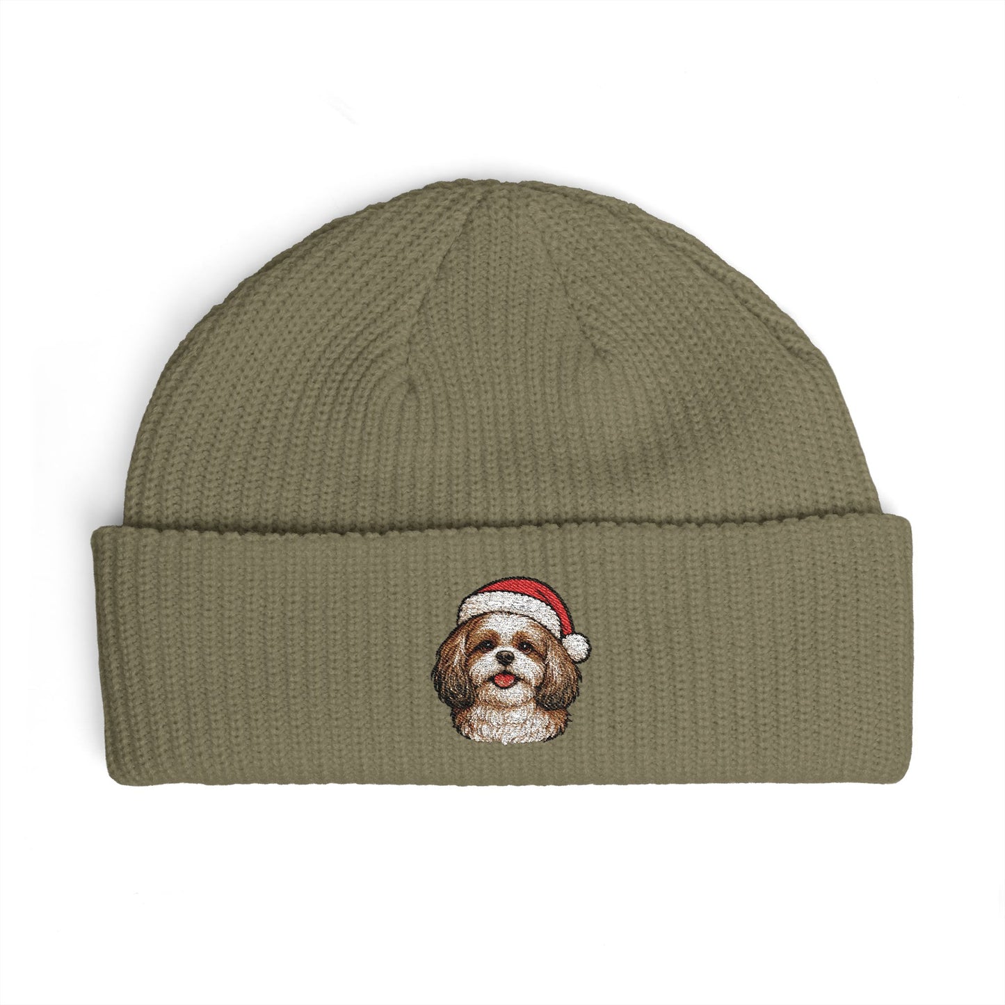 Cuffed Beanie — Embroidered ShihTzu Dog in Santa Hat Winter cap