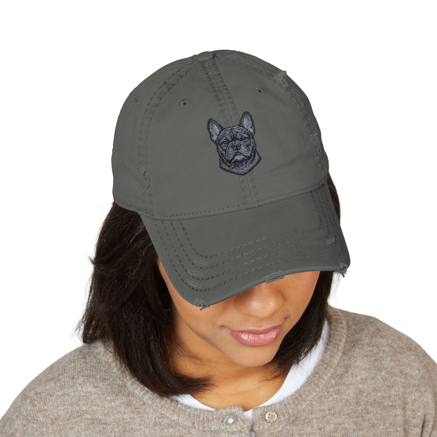 Embroidered Black French Bulldog Face Dad Hat | Distressed Baseball Cap