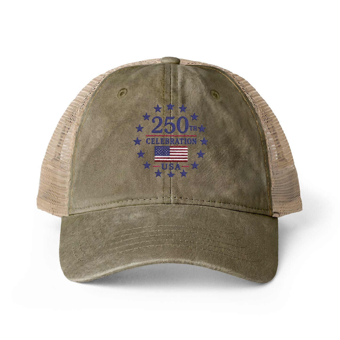 Women's Washed Mesh-Back Cap with print underneath bill embroidered USA 250th celebration various colors