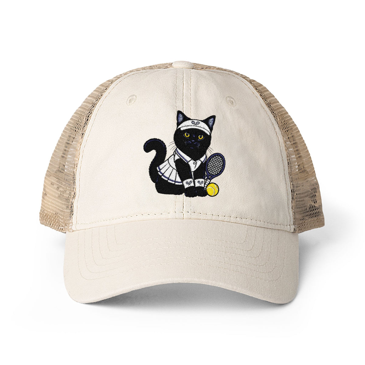 Black Cat Tennis Embroidered Women's Washed Mesh-Back Cap