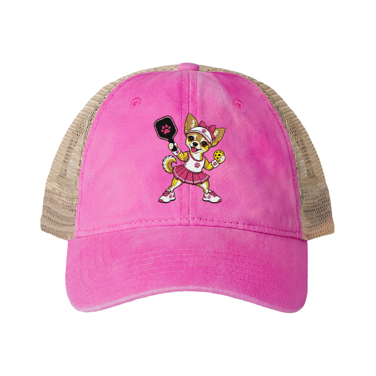 Pickleball Chihuahua Embroidered Women's Washed Mesh-Back Cap