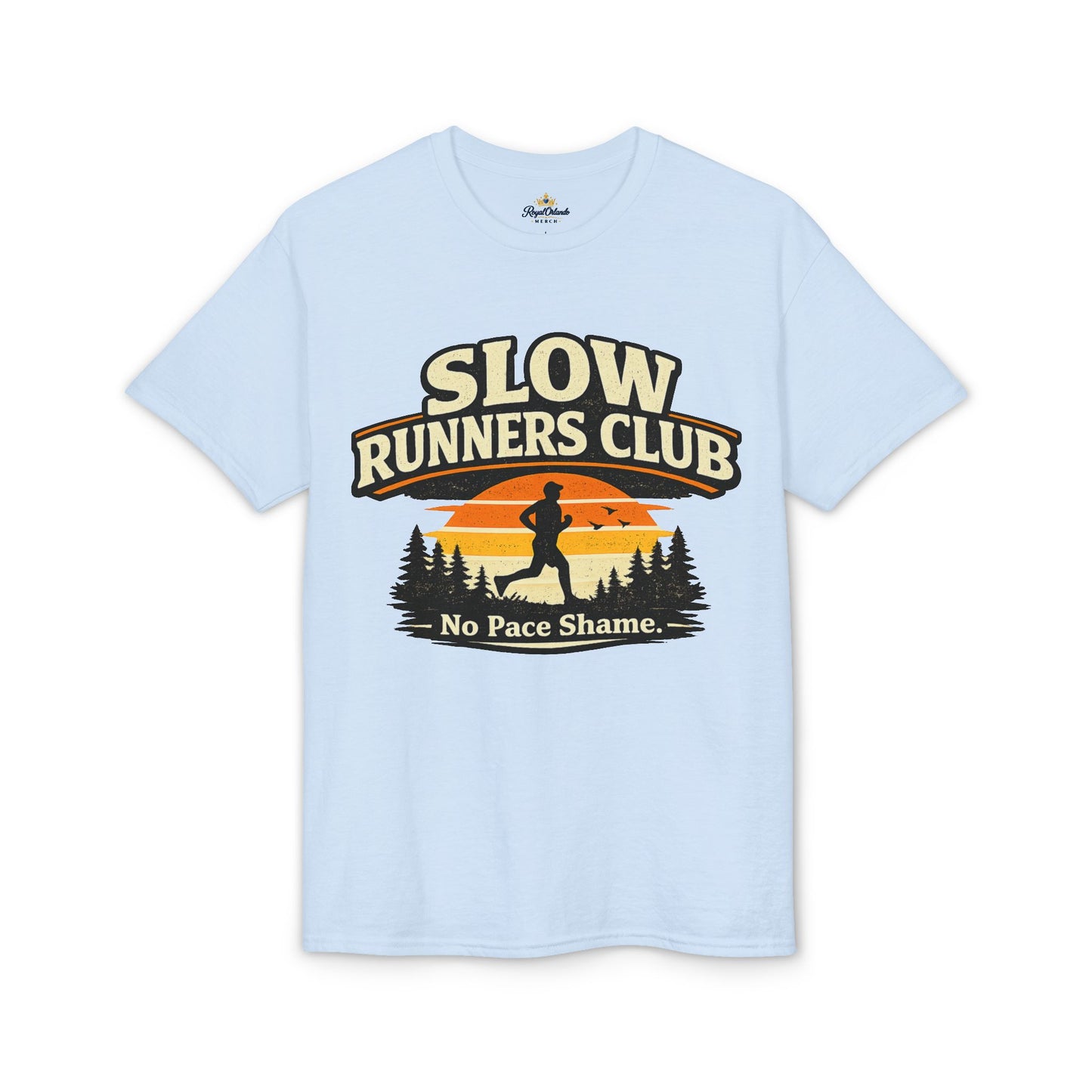 Slow Runners Club No Pace Shame T-Shirt | Retro Sunset Trail Running Shirt