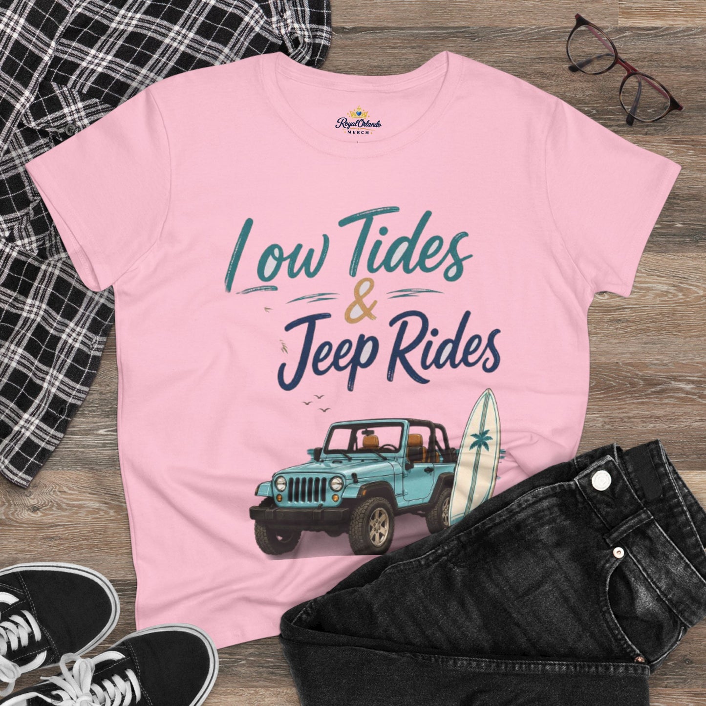 Low Tides & Jeep Rides Women's Tee — Beachy Surf Jeep Graphic T-Shirt